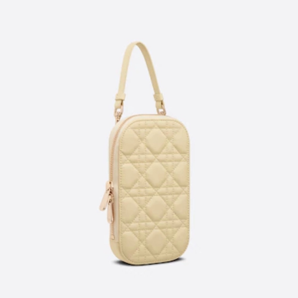 Lambskin Cannage Lady Dior phone holder Light Yellow.